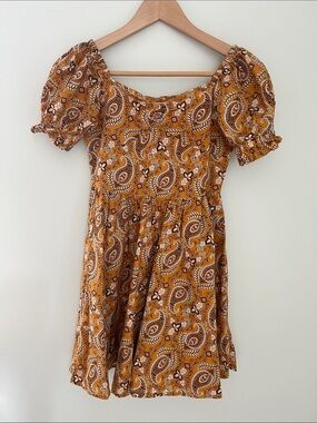 Janie and Jack | Girls Mustard Paisley Puff-Sleeve Mini Dress #200561503 Sz 10